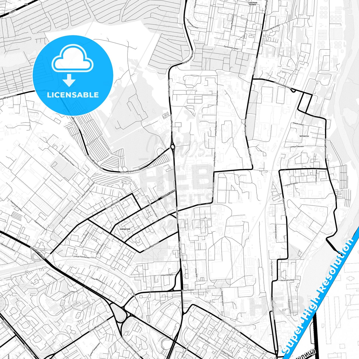 Penza, Russia Light Map with Street Names, City Names, and Districts