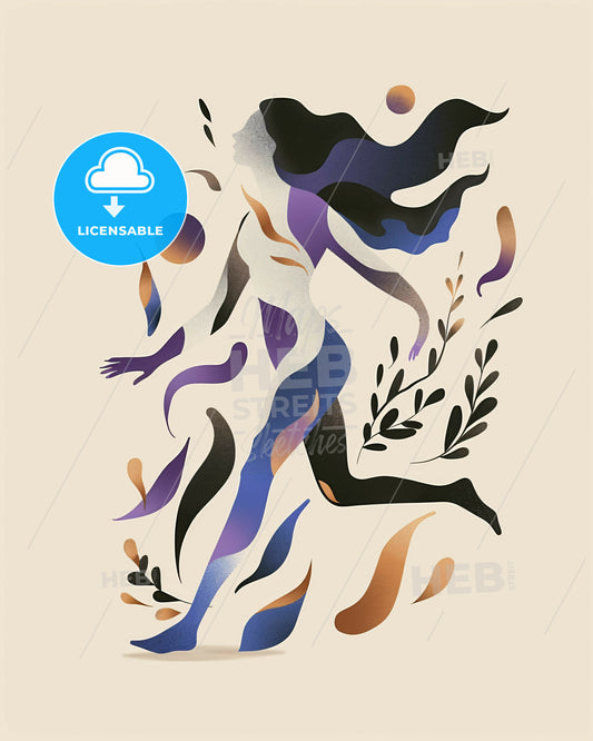 Serene Nature Stroll: Minimalist Line Art - A woman running with colorful leaves and flowers