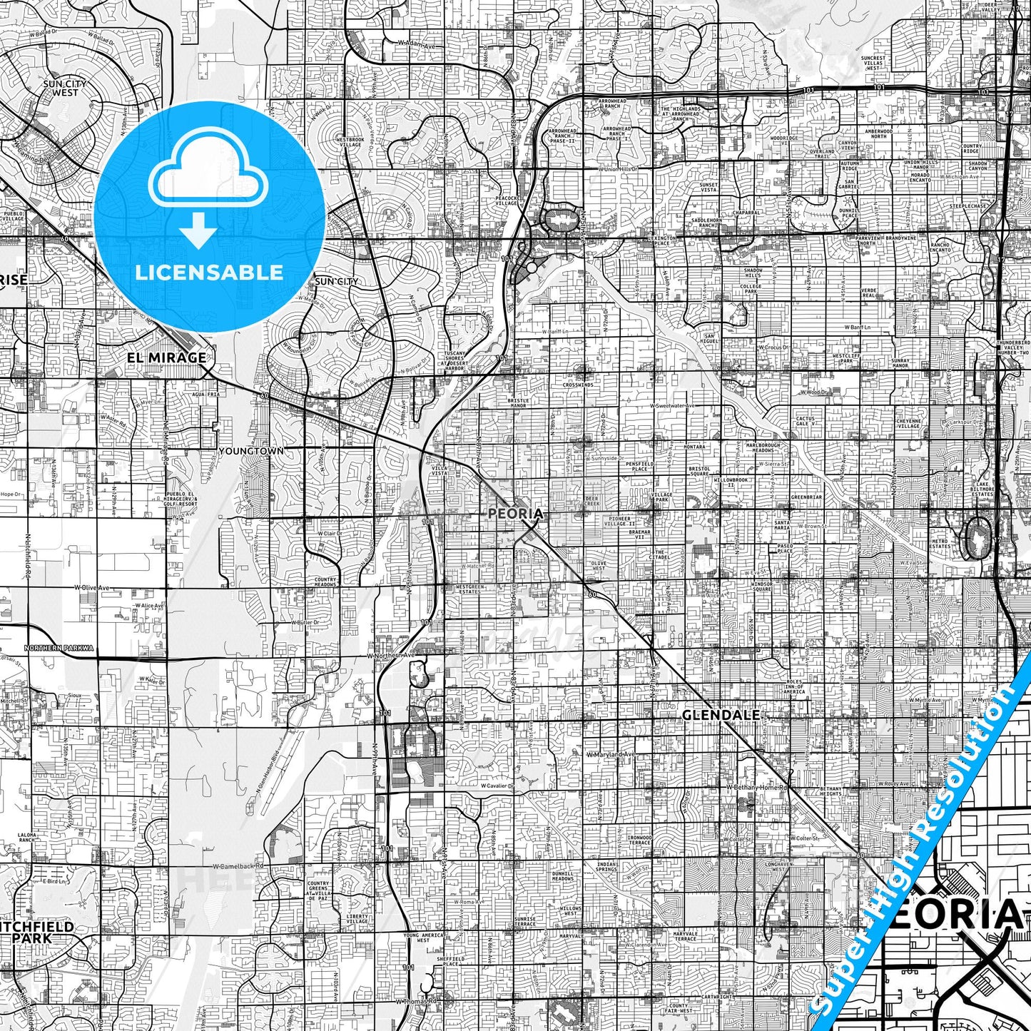 Peoria, Arizona light map with streetnames, citynames and districts