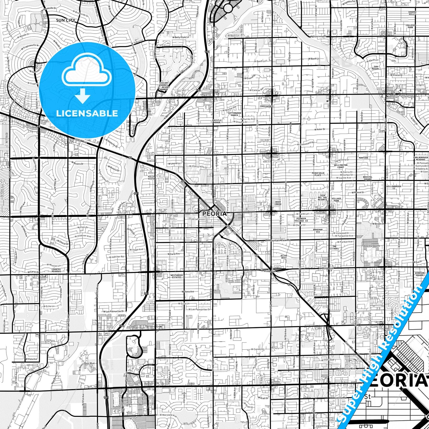 Peoria, Arizona Light Map with Street Names, City Names, and Districts