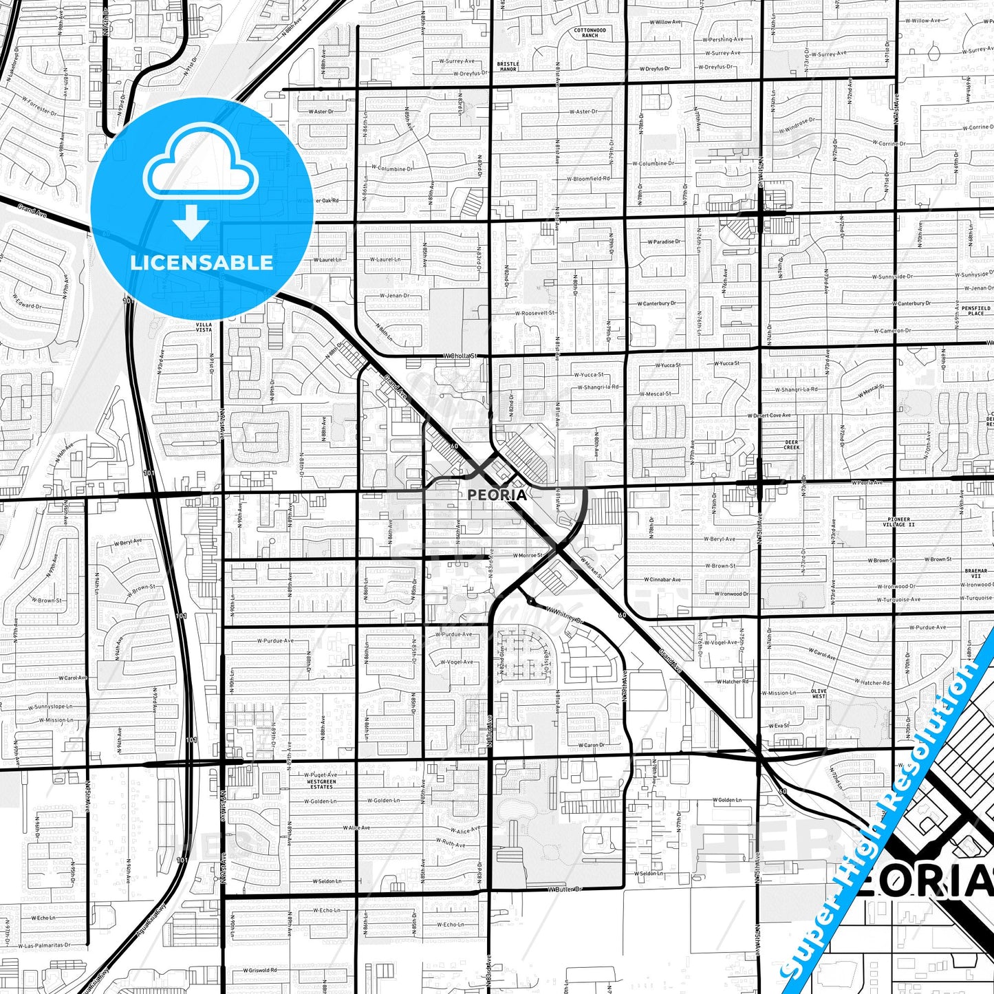 Peoria, Arizona Light Map with Street Names, City Names, and Districts