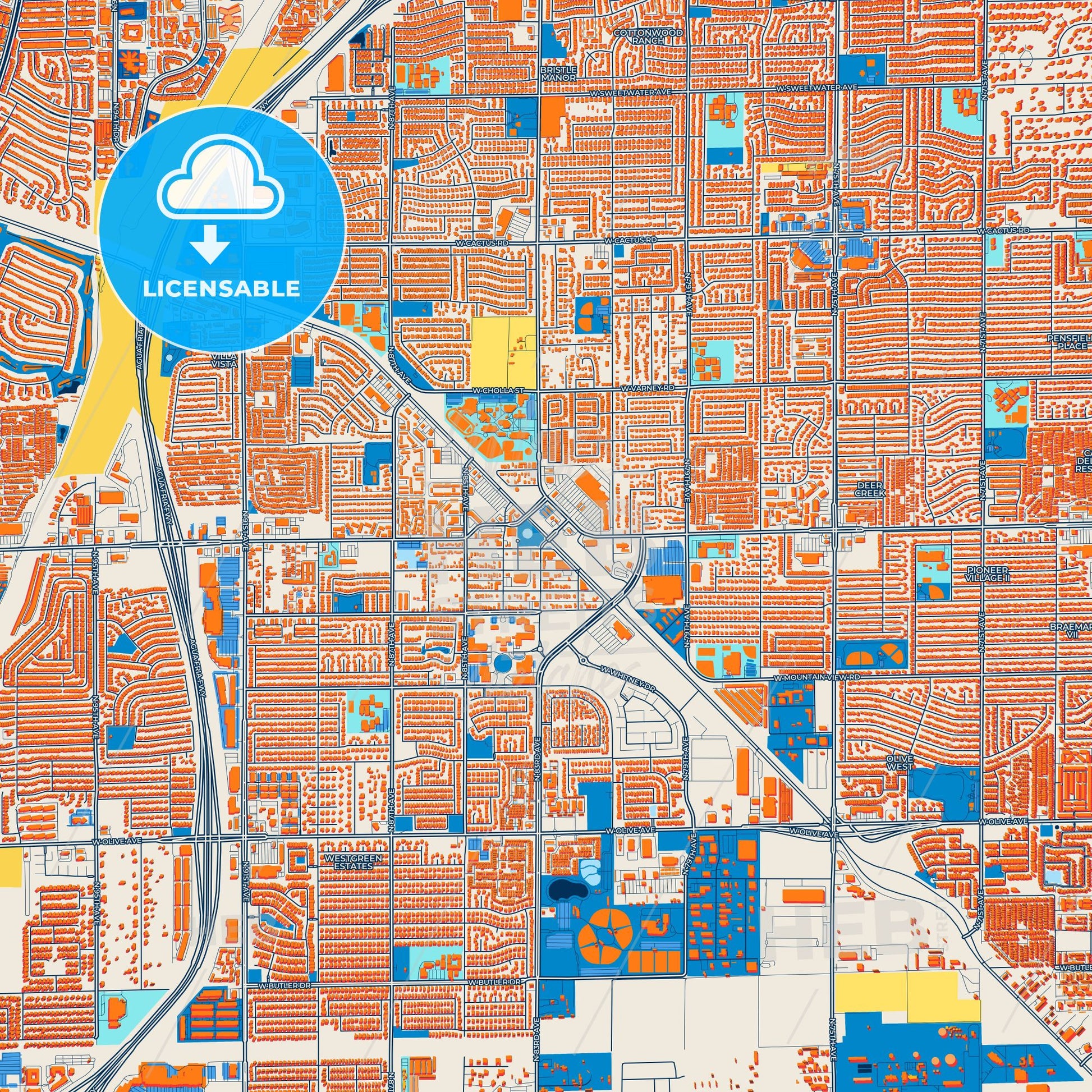 Colorful Peoria Street Map with Labels and Buildings