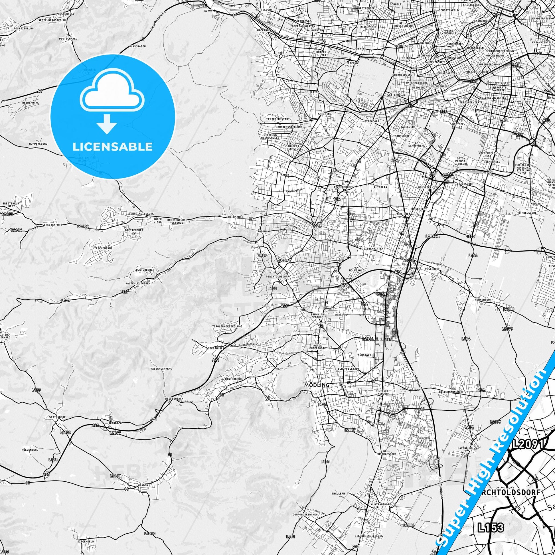 Perchtoldsdorf, Austria light map with streetnames, citynames and districts
