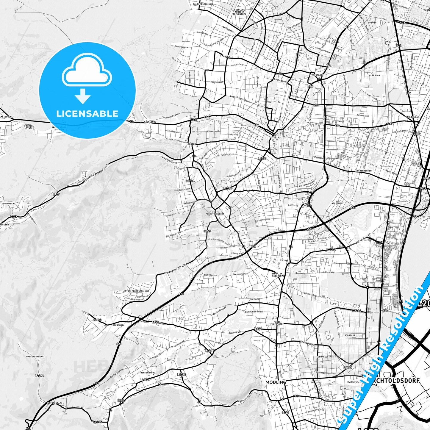 Perchtoldsdorf, Austria Light Map with Street Names, City Names, and Districts