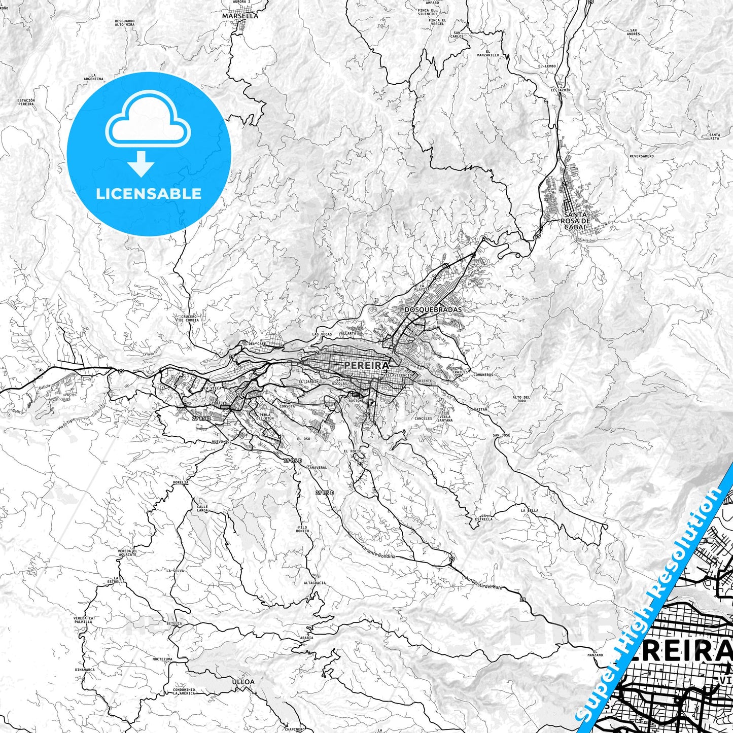 Pereira, Colombia light map with streetnames, citynames and districts