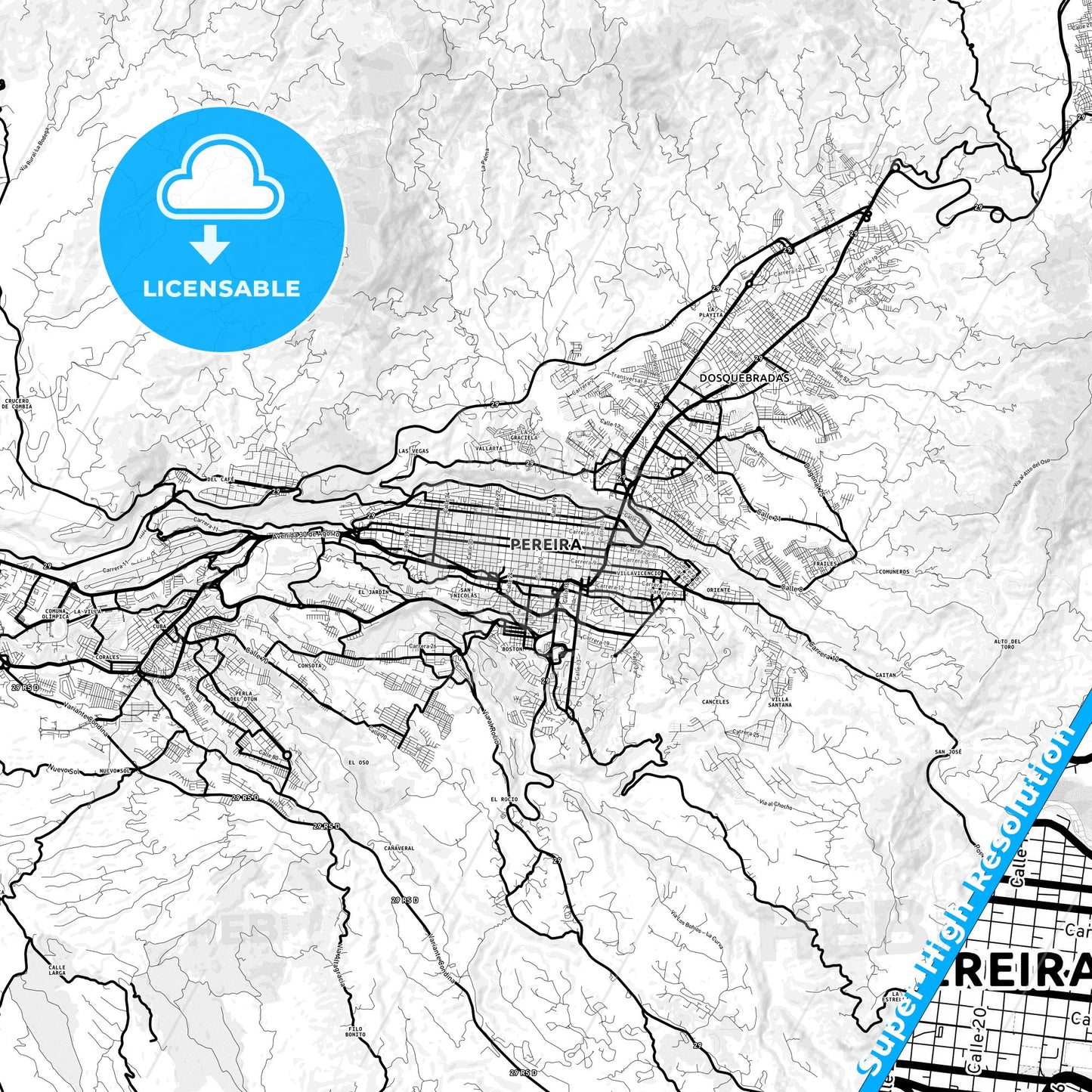 Pereira, Colombia Light Map with Street Names, City Names, and Districts