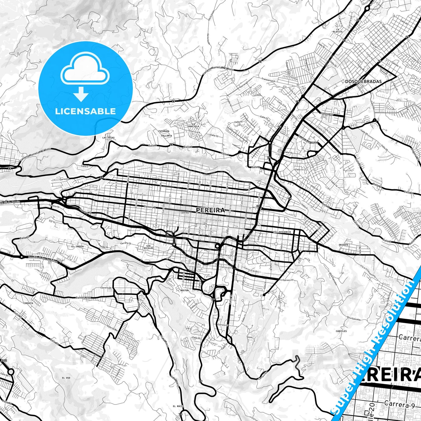 Pereira, Colombia Light Map with Street Names, City Names, and Districts