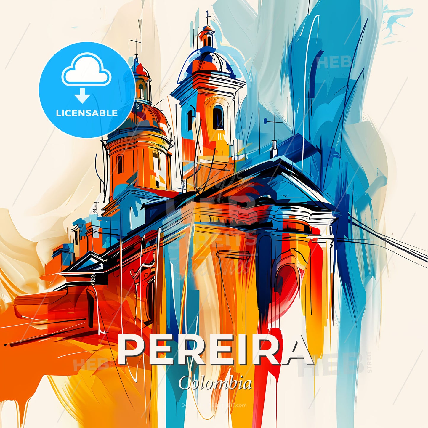 Vibrant Pereira, Colombia - A Painting Of A Building With A Colorful Background - Square format print template