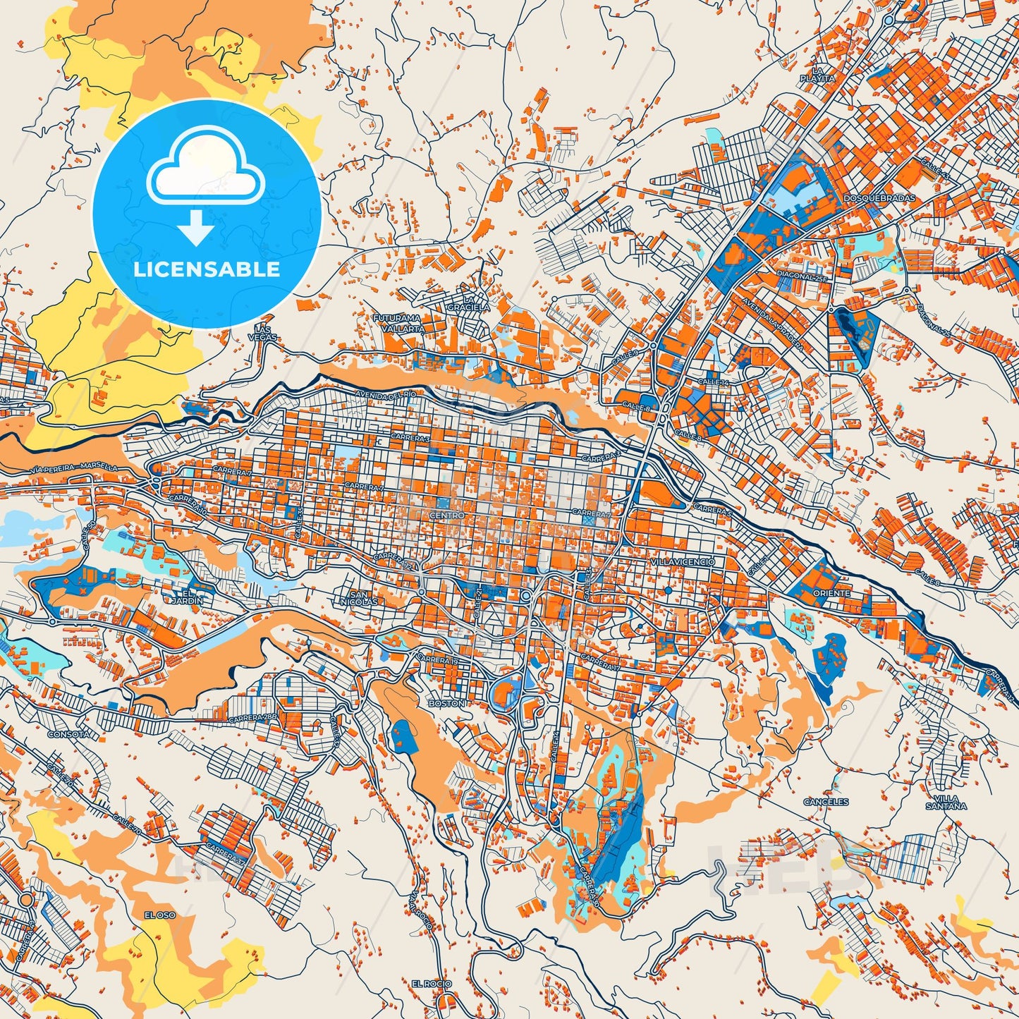 Colorful Pereira Street Map with Labels and Buildings