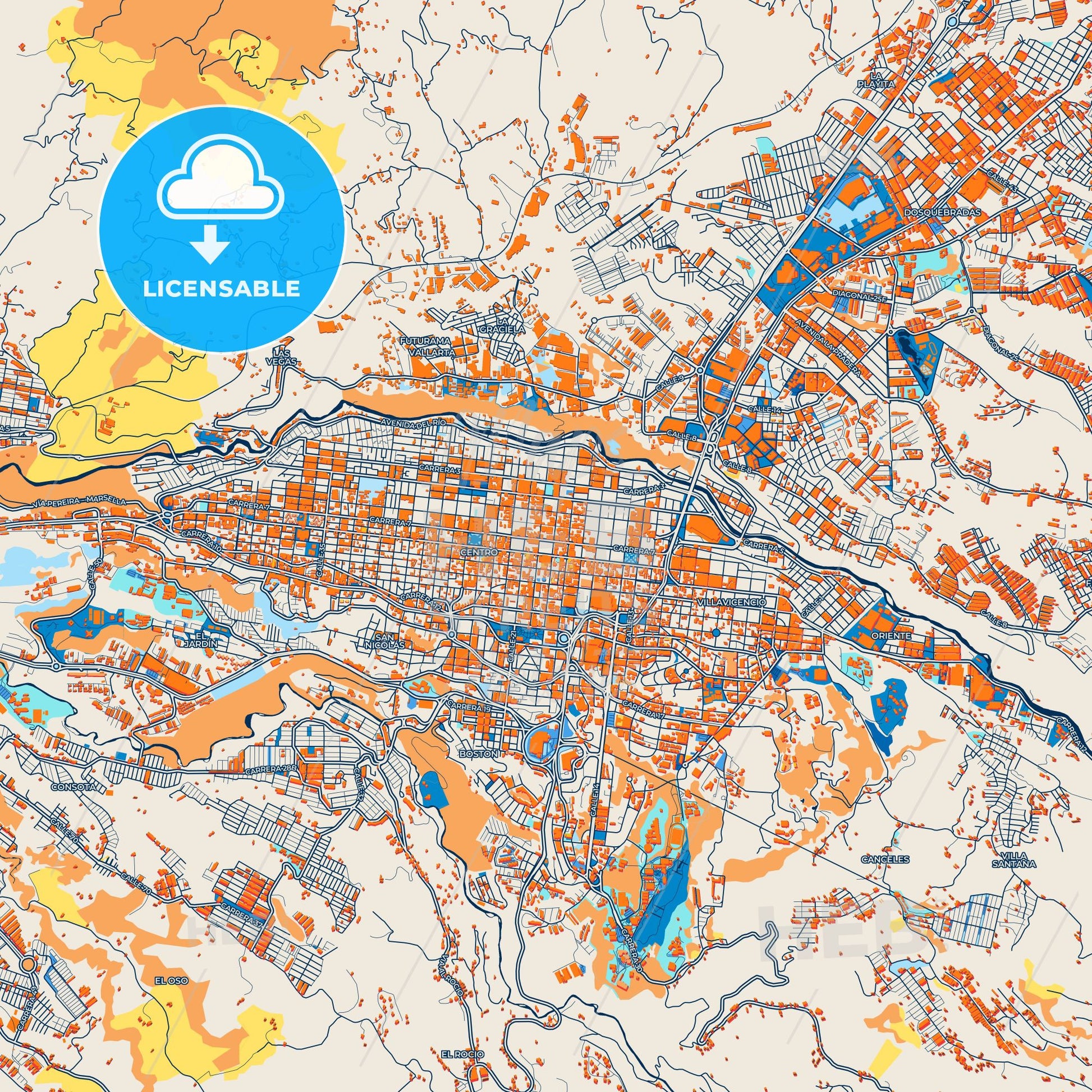Colorful Pereira Street Map with Labels and Buildings