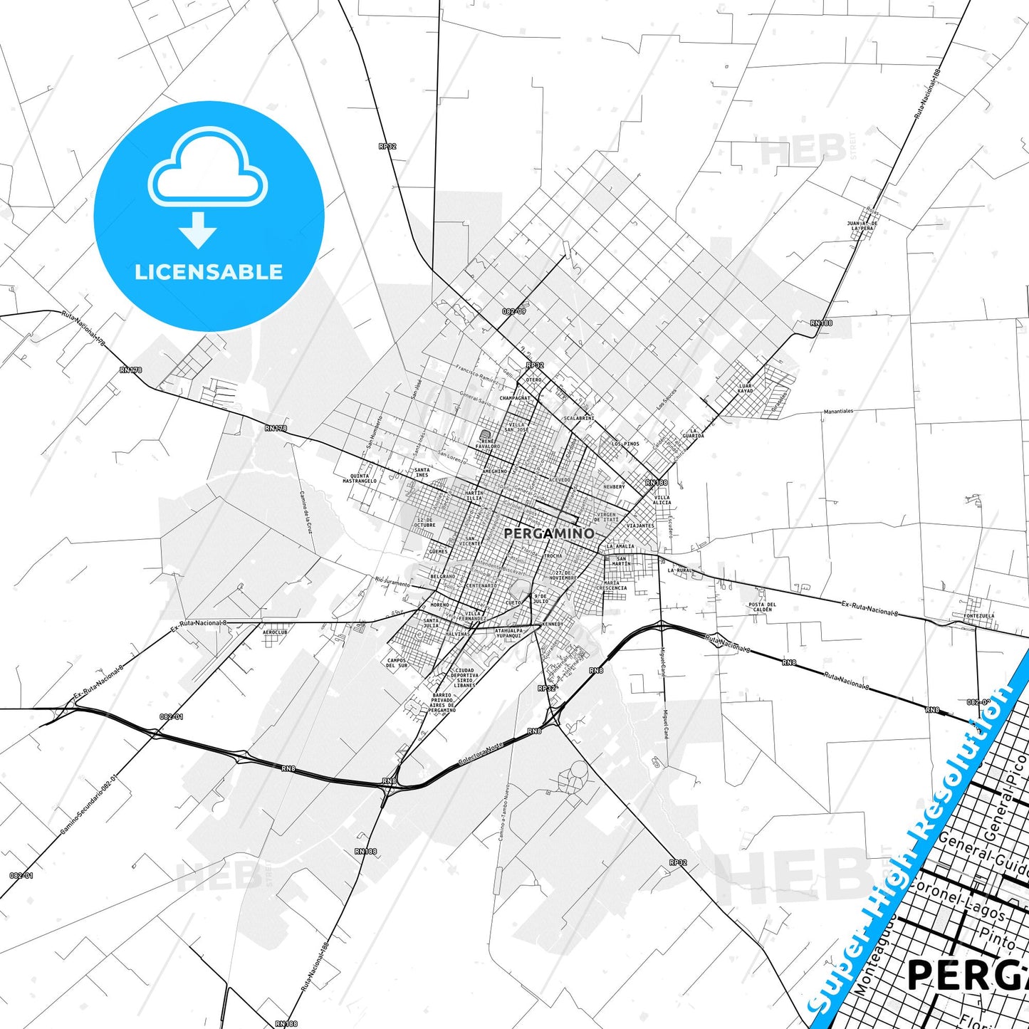 Pergamino, Argentina light map with streetnames, citynames and districts