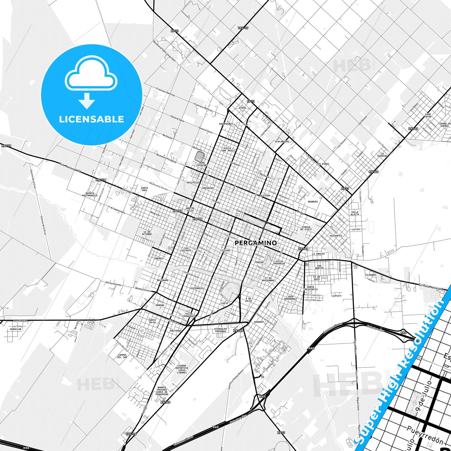 Pergamino, Argentina Light Map with Street Names, City Names, and Districts