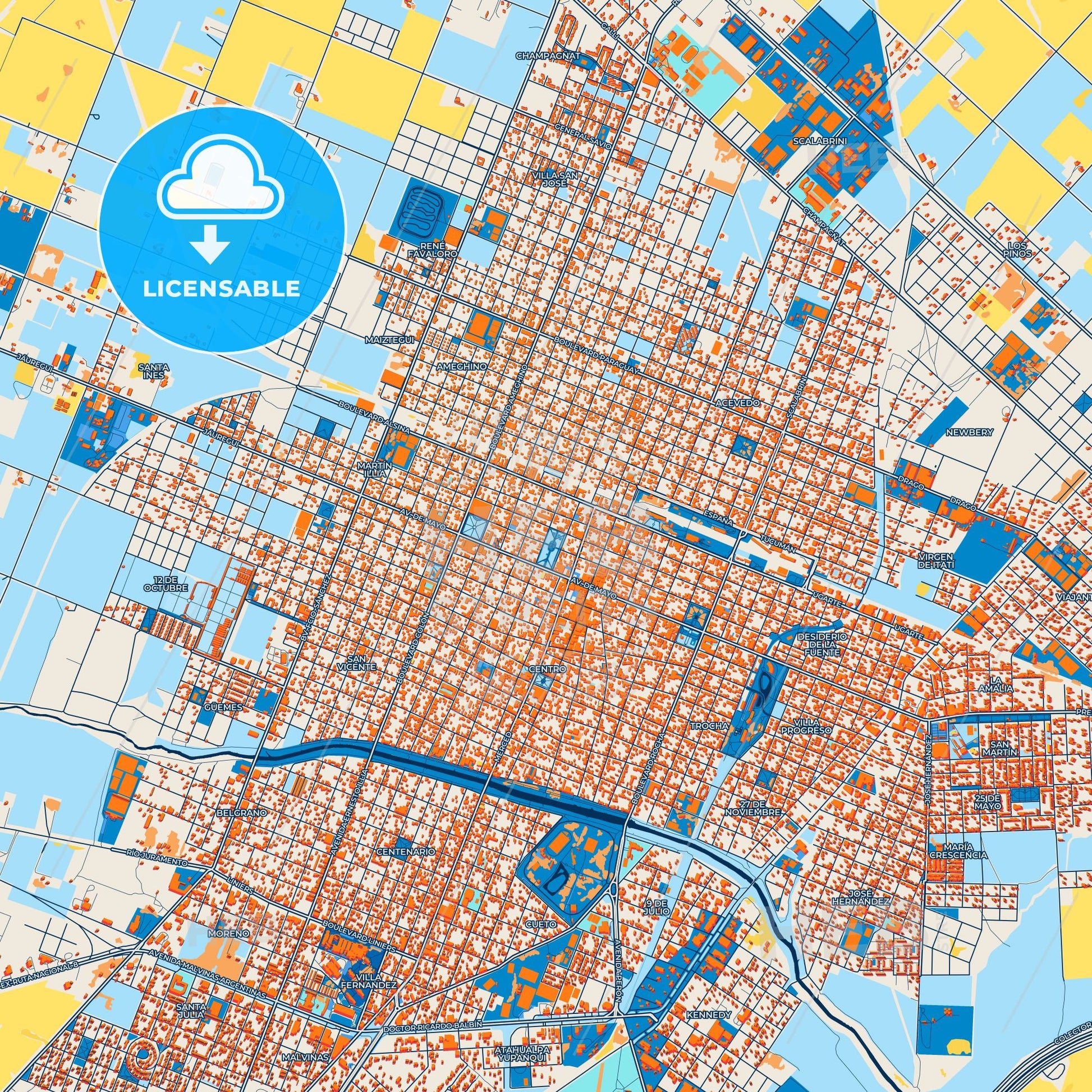 Colorful Pergamino Street Map with Labels and Buildings