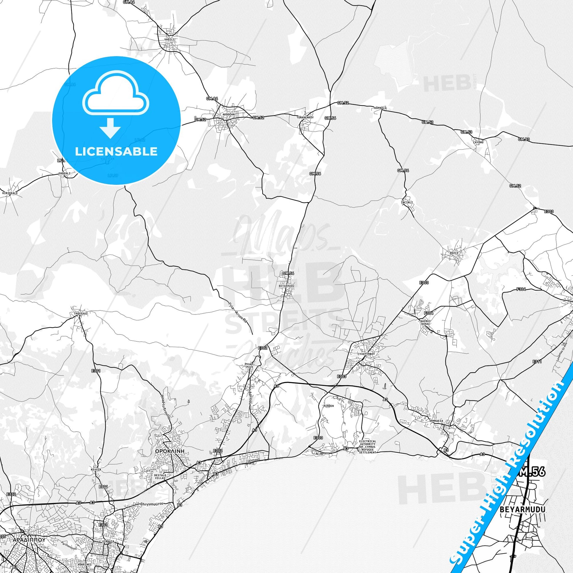 Pérgamos  , Cyprus light map with streetnames, citynames and districts