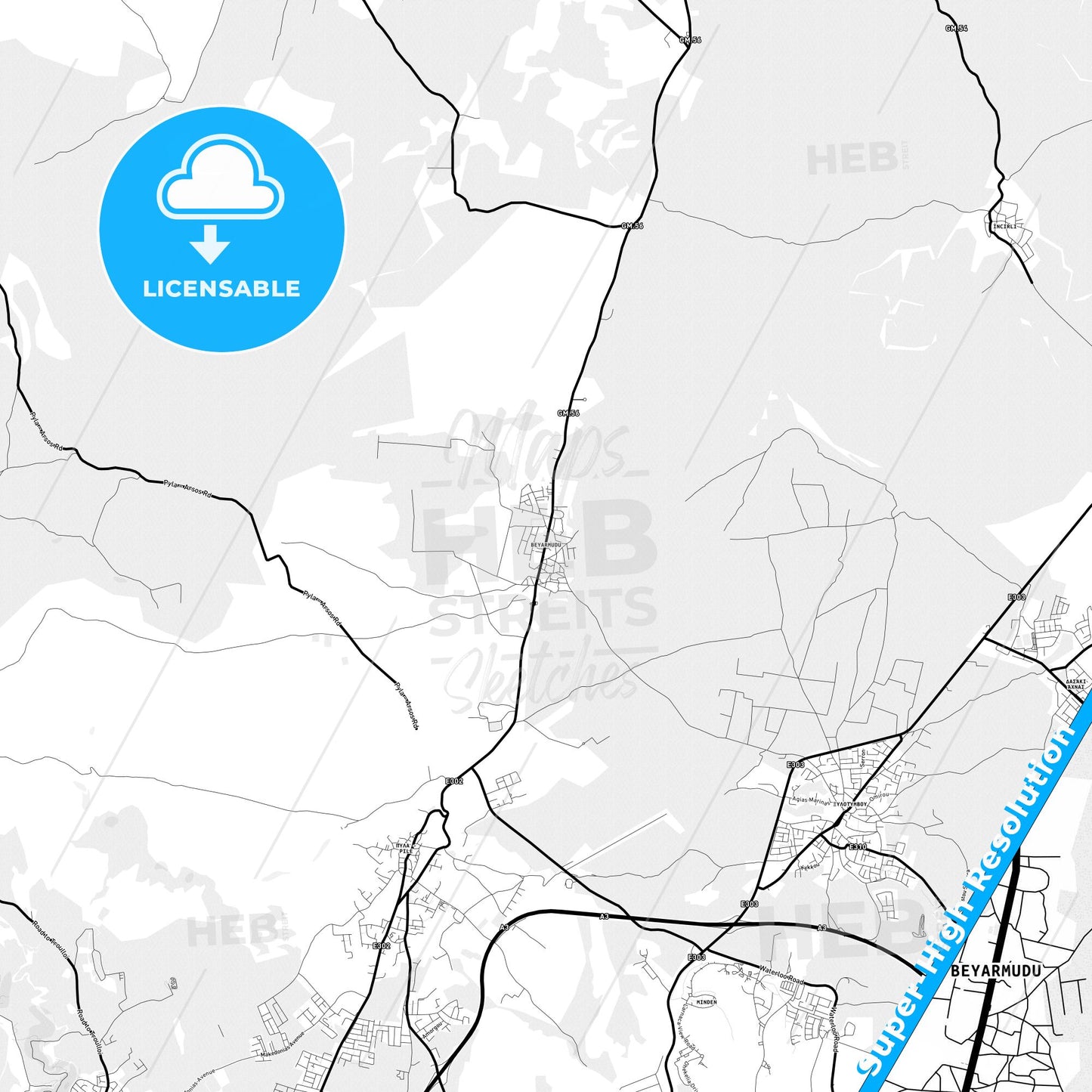 Pérgamos  , Cyprus Light Map with Street Names, City Names, and Districts
