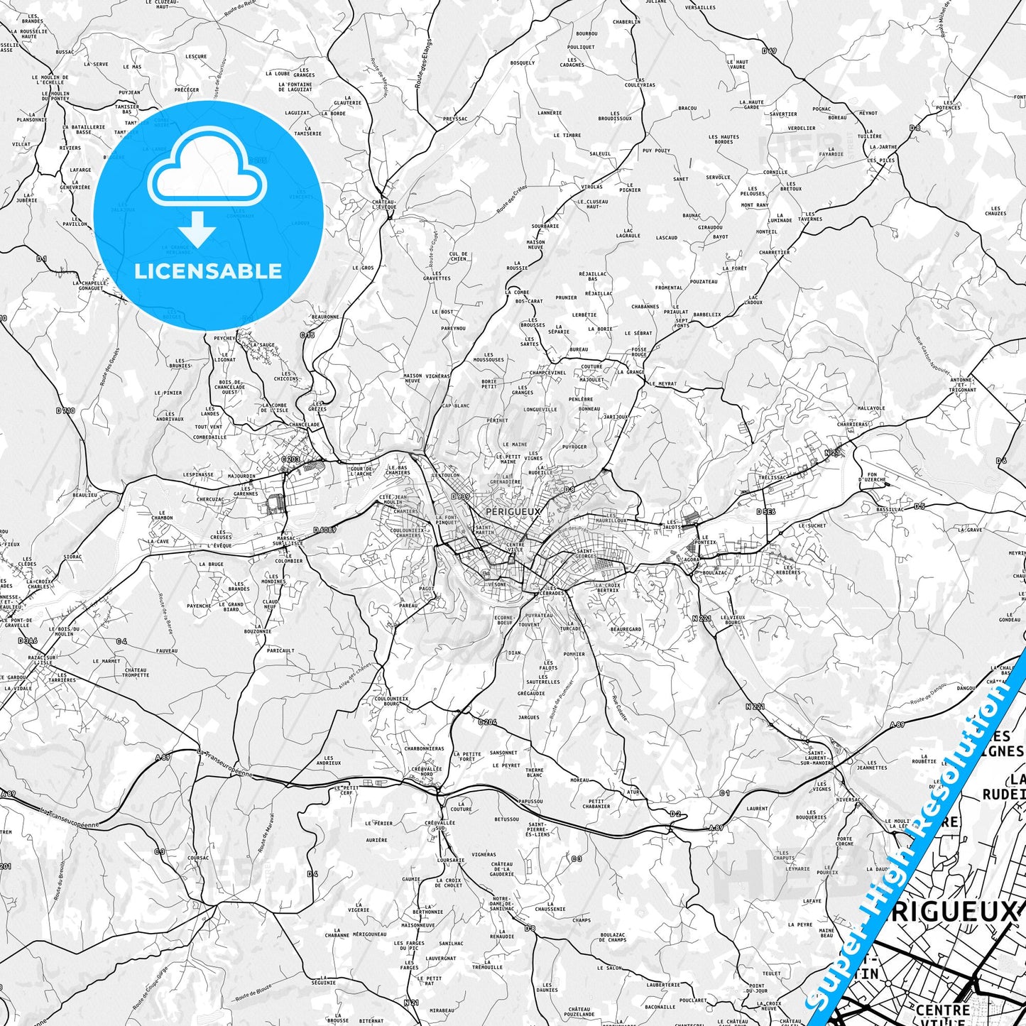 Périgueux, France light map with streetnames, citynames and districts
