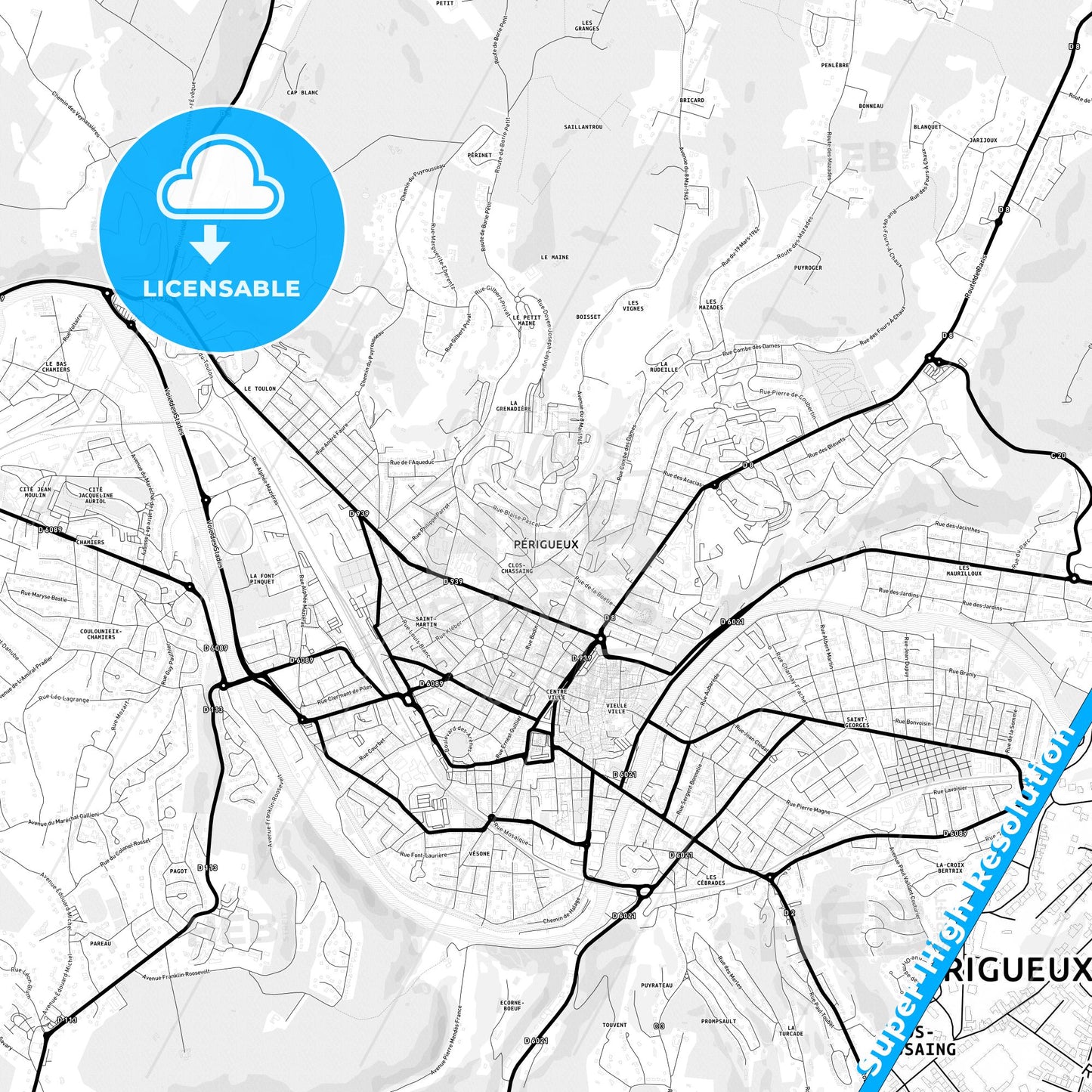 Périgueux, France Light Map with Street Names, City Names, and Districts
