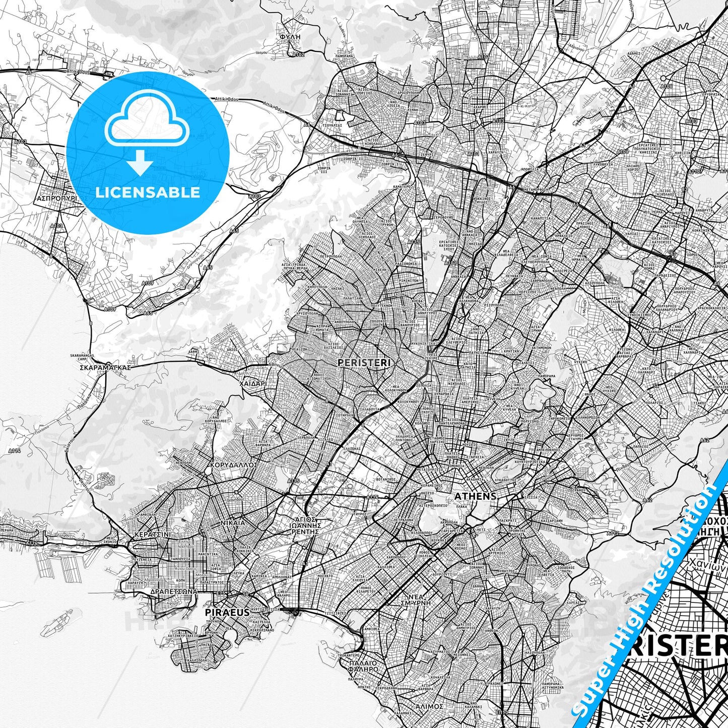 Peristeri, Greece light map with streetnames, citynames and districts