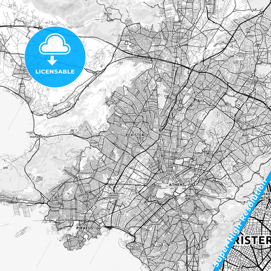 Peristeri, Greece light map with streetnames, citynames and districts