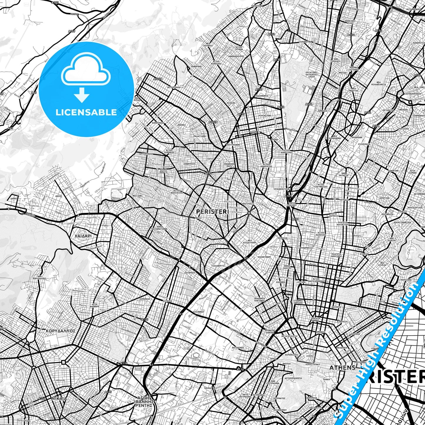 Peristeri, Greece Light Map with Street Names, City Names, and Districts