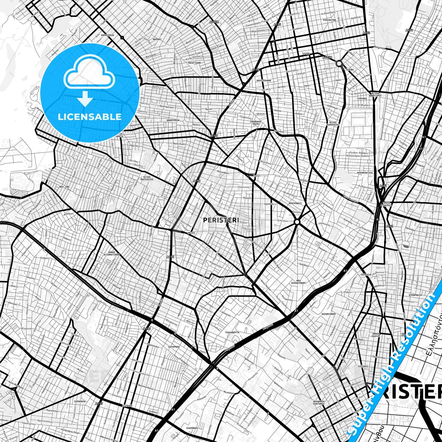 Peristeri, Greece Light Map with Street Names, City Names, and Districts
