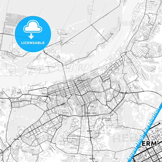 Perm, Russia light map with streetnames, citynames and districts