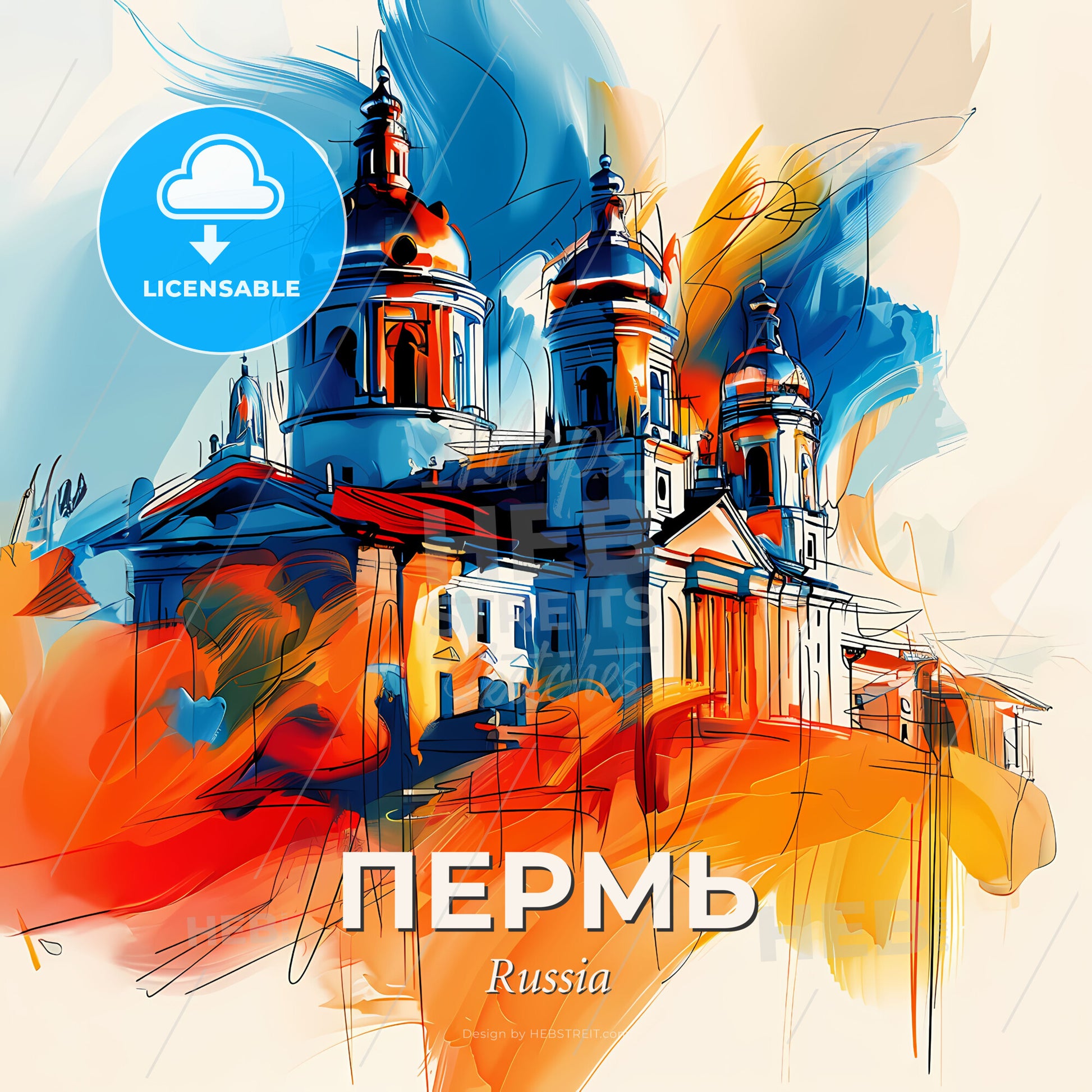 Vibrant Пермь, Russia - A Painting Of A Building With A Colorful Background - Square format print template