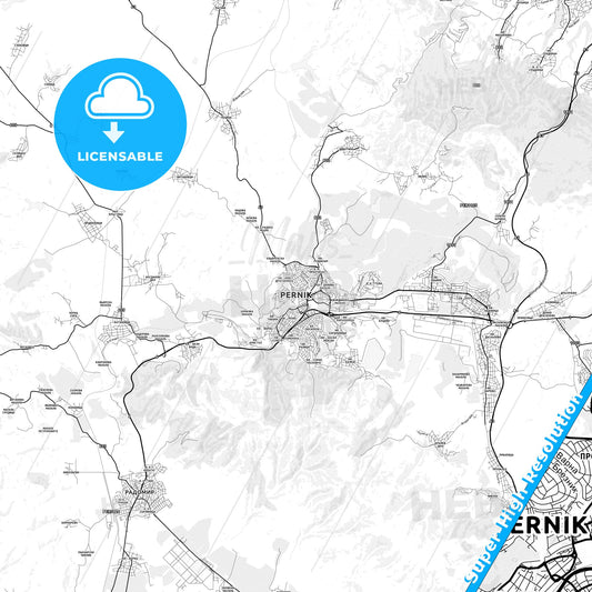 Pernik, Bulgaria light map with streetnames, citynames and districts