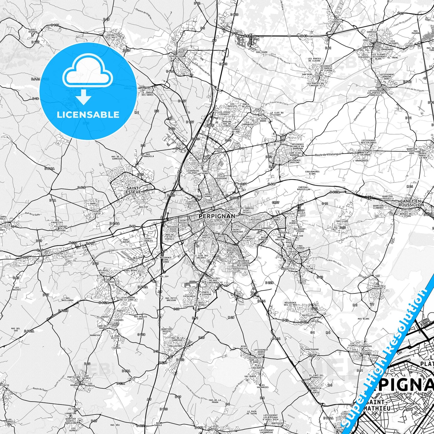 Perpignan, France light map with streetnames, citynames and districts