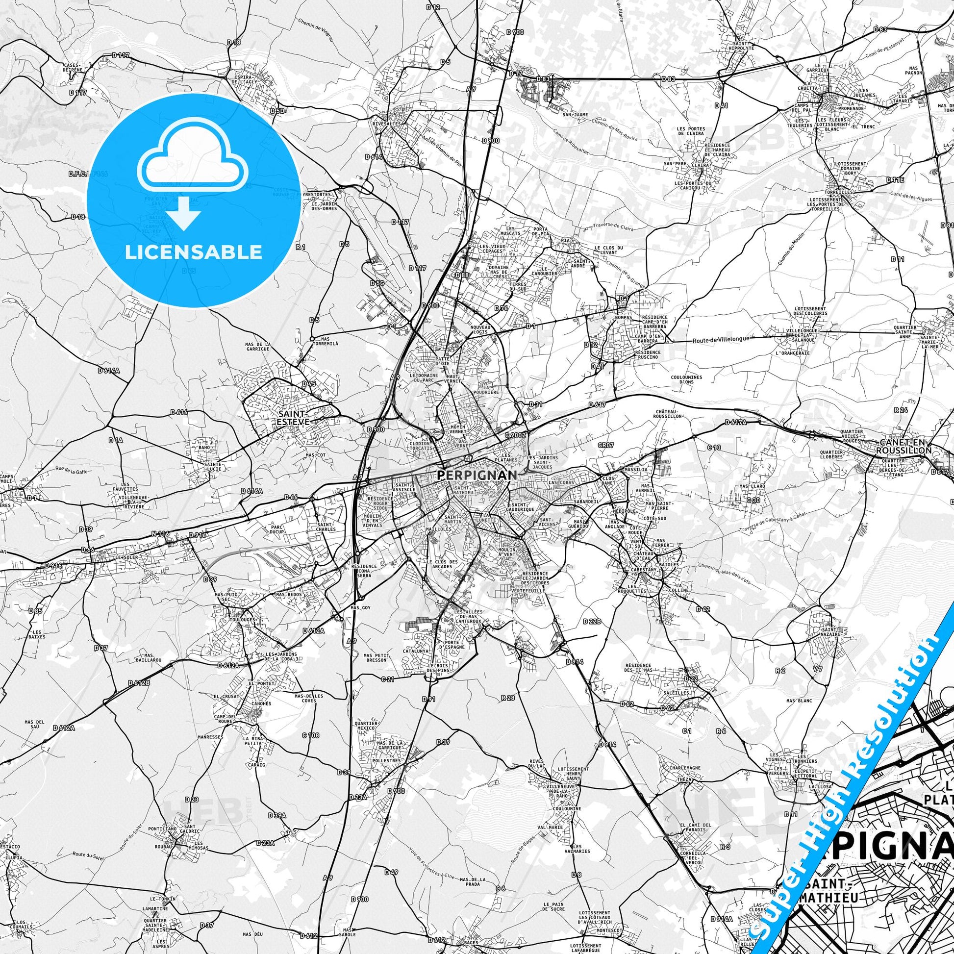 Perpignan, France light map with streetnames, citynames and districts