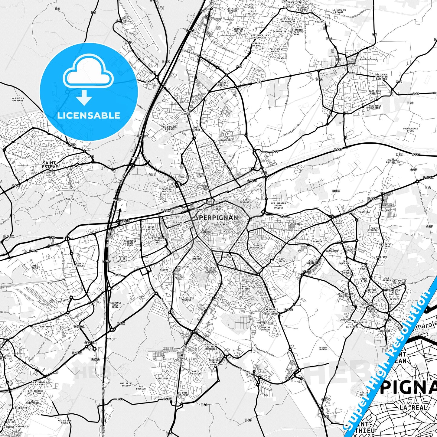 Perpignan, France Light Map with Street Names, City Names, and Districts