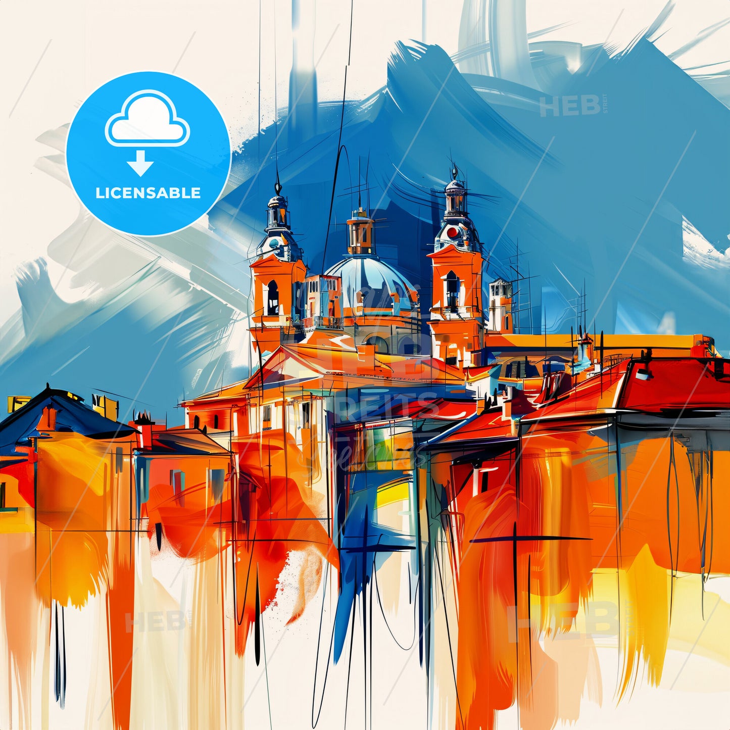 Vibrant Perpignan, France - A Painting Of A Building With A Dome And A Blue Sky