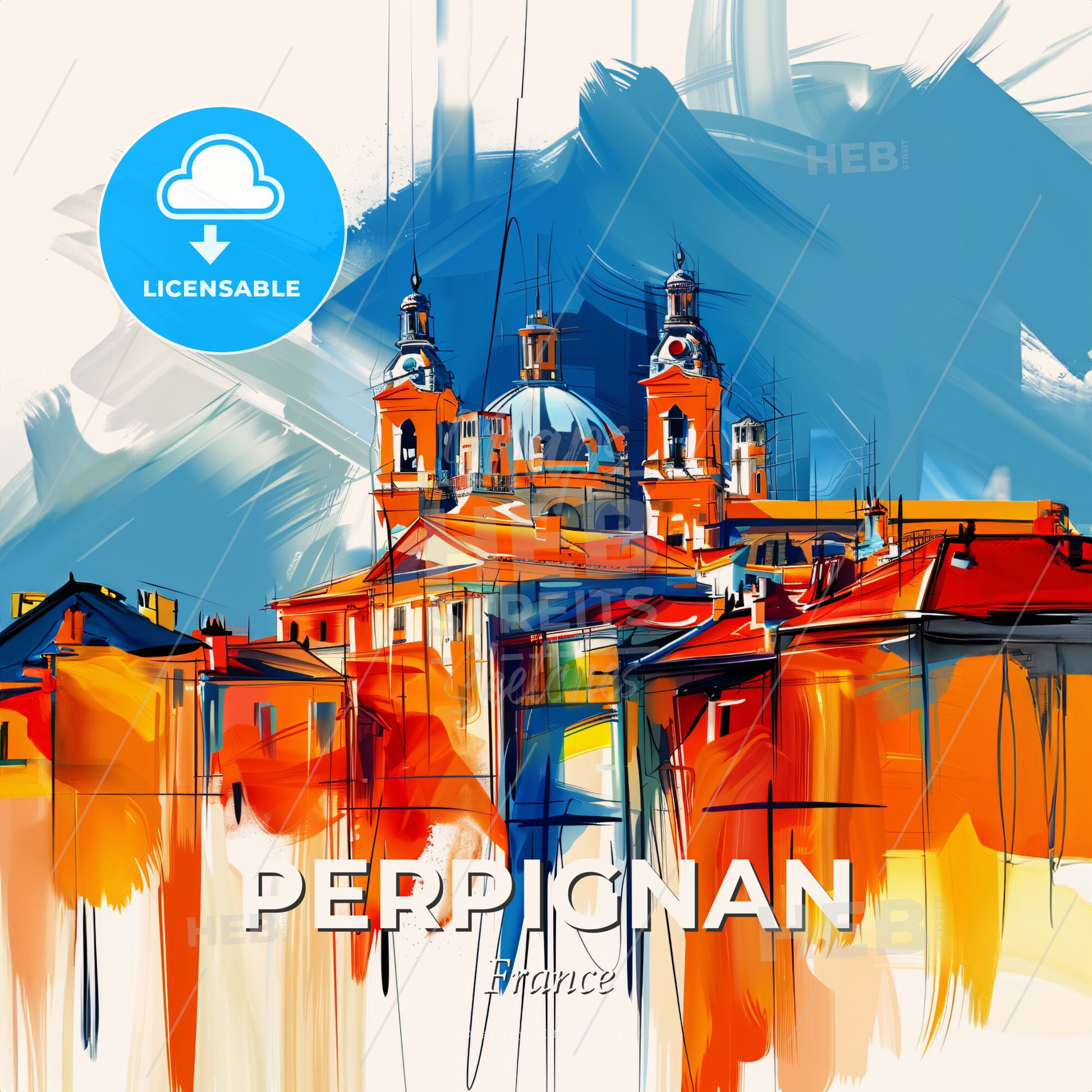 Vibrant Perpignan, France - A Painting Of A Building With A Dome And A Blue Sky - Square format print template