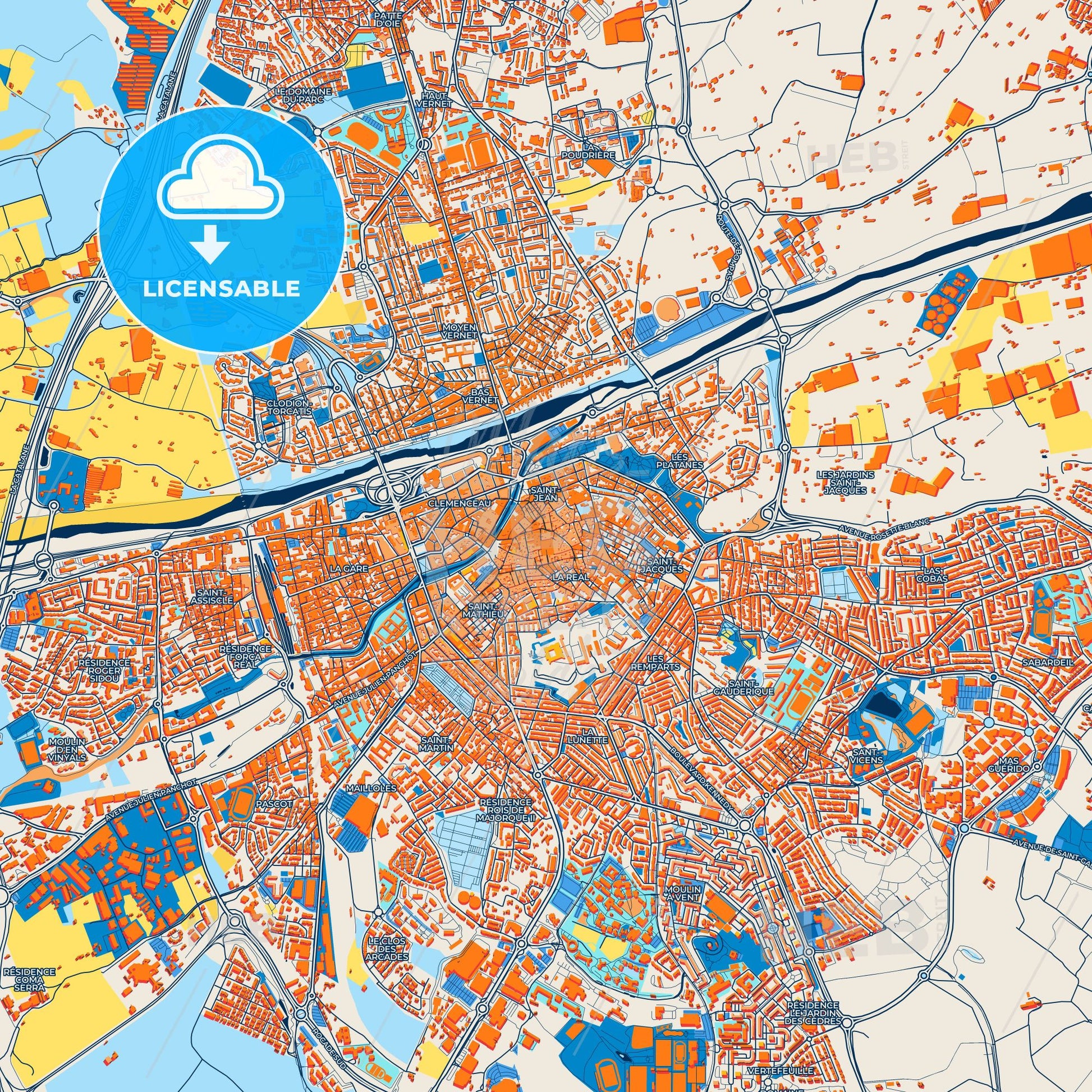 Colorful Perpignan Street Map with Labels and Buildings
