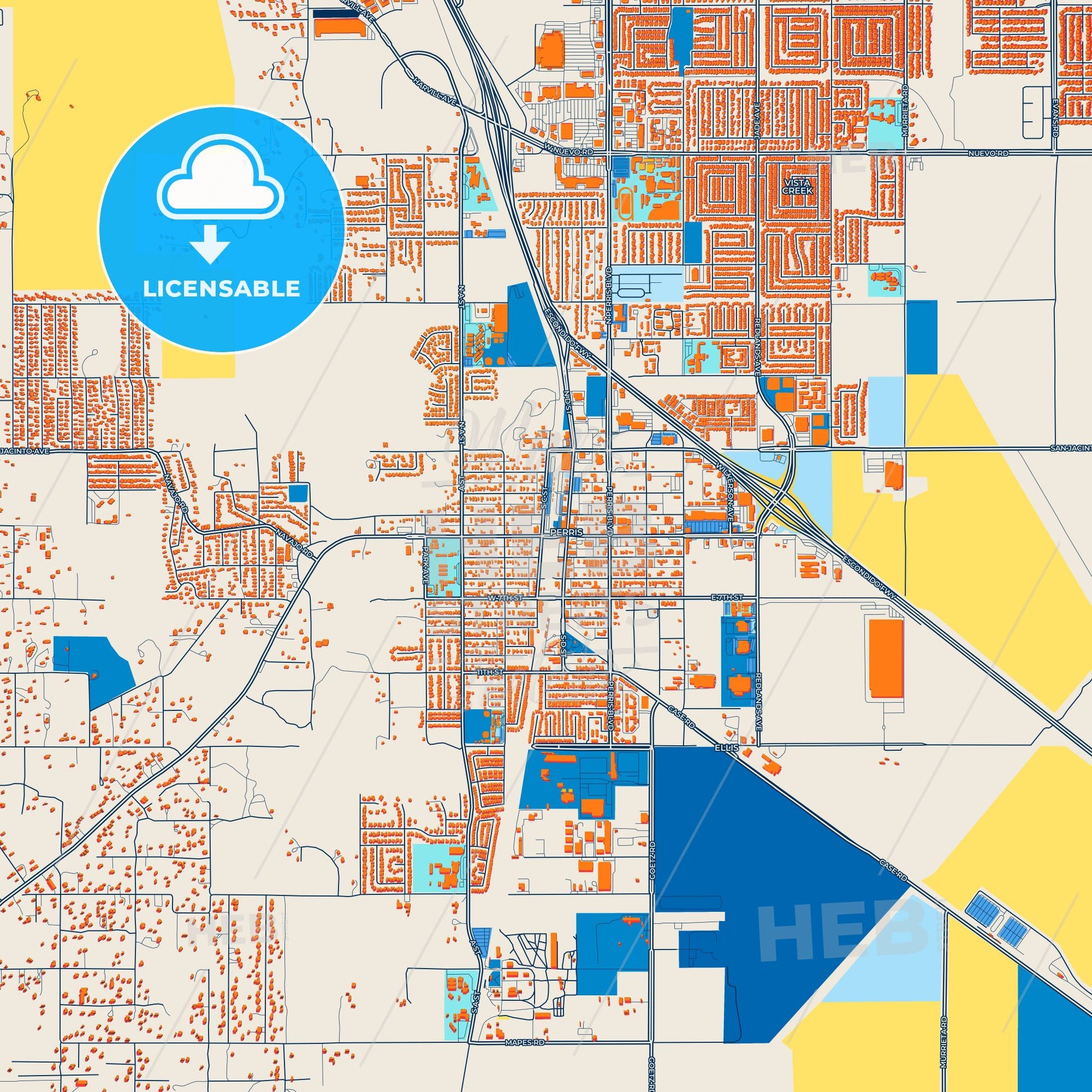 Colorful Perris Street Map with Labels and Buildings