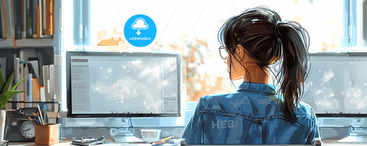 Blue Line Cartoon Style Vibrant Painting of Woman Working on Computer