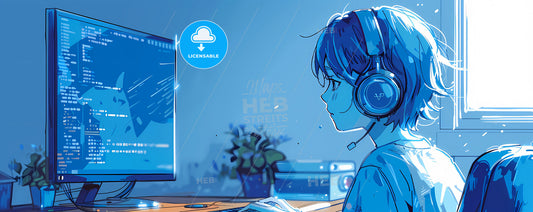 Cartoon Drawing of a Girl Wearing Headphones with Blue Lines and a White Background