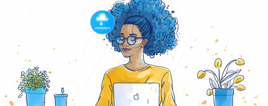 Vibrant Cartoon Artwork: Blue-Haired Woman with Glasses Working on Laptop