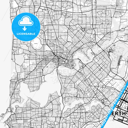 Perth, Australia light map with streetnames, citynames and districts