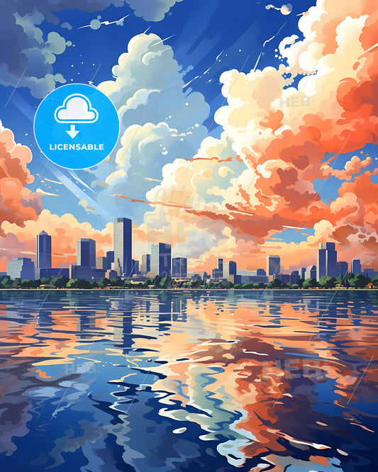 Perth Australia Skyline City Painting Art Clouds Water Vibrant Colors
