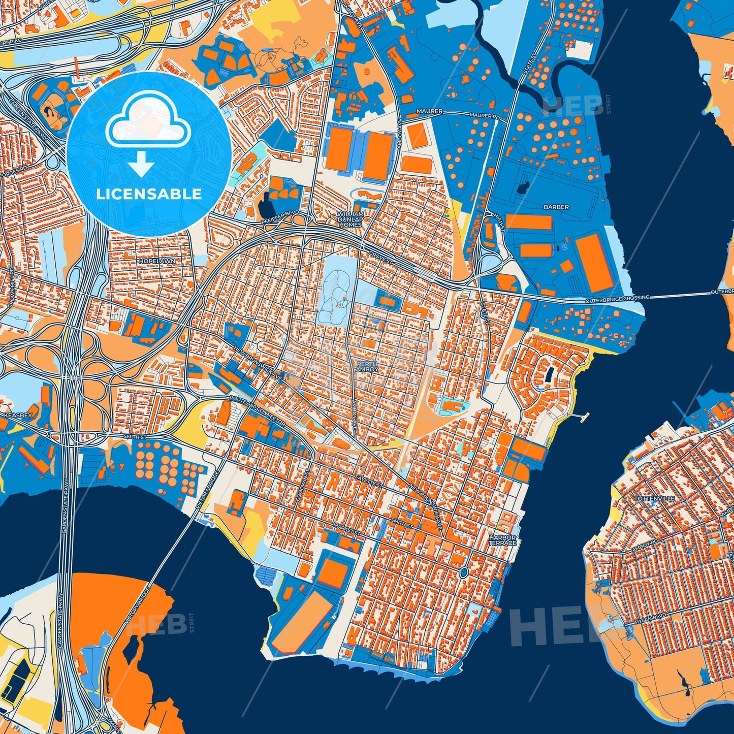 Colorful Perth Amboy Street Map with Labels and Buildings