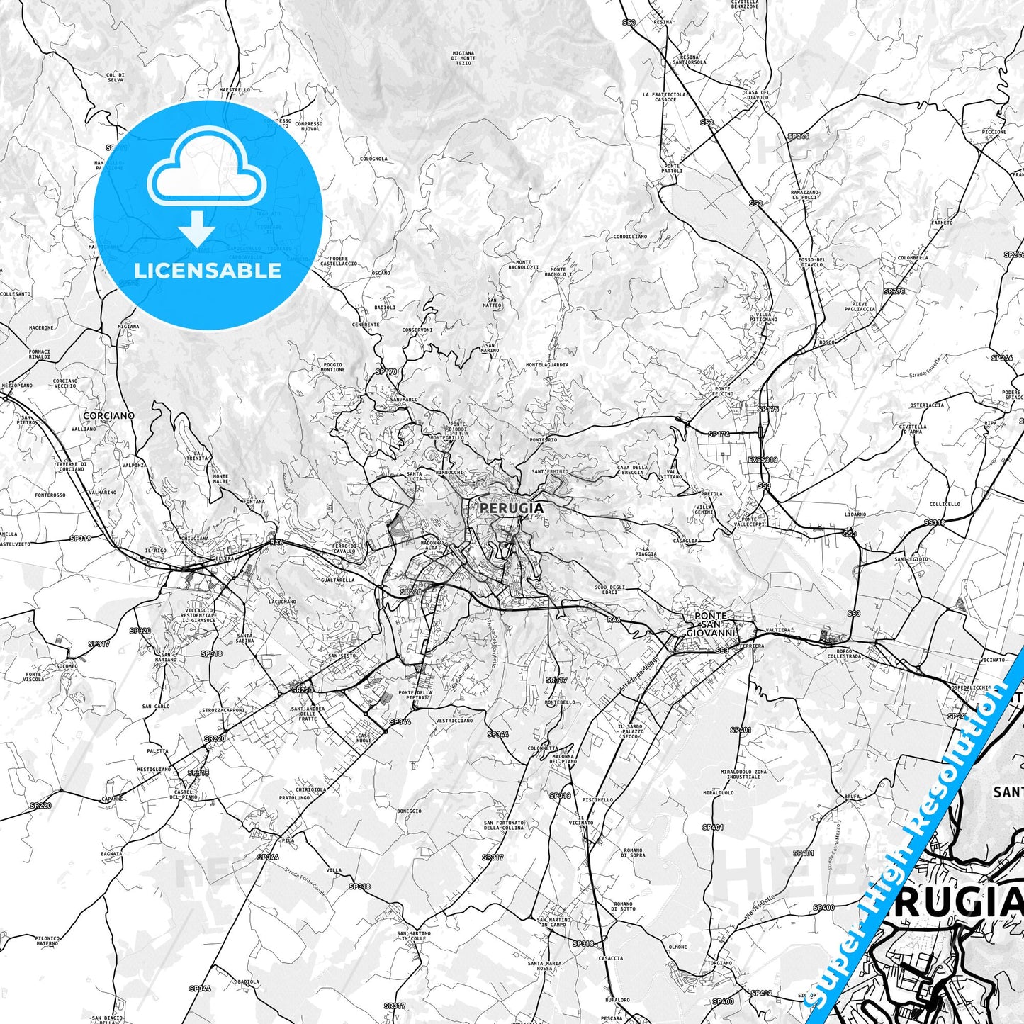 Perugia, Italy light map with streetnames, citynames and districts