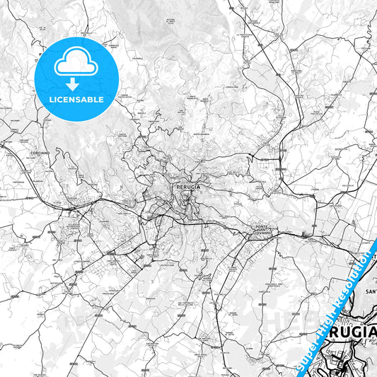 Perugia, Italy light map with streetnames, citynames and districts