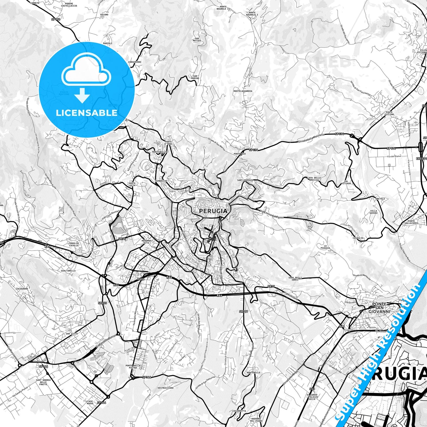 Perugia, Italy Light Map with Street Names, City Names, and Districts