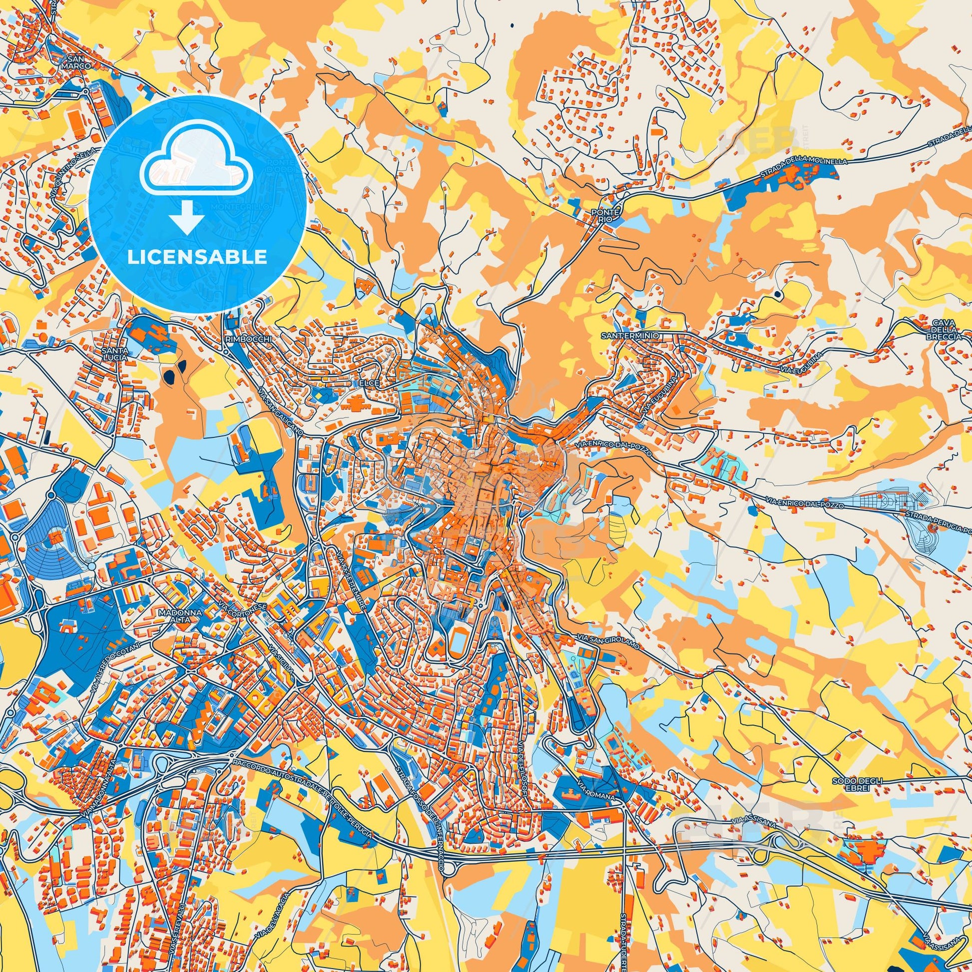 Colorful Perugia Street Map with Labels and Buildings