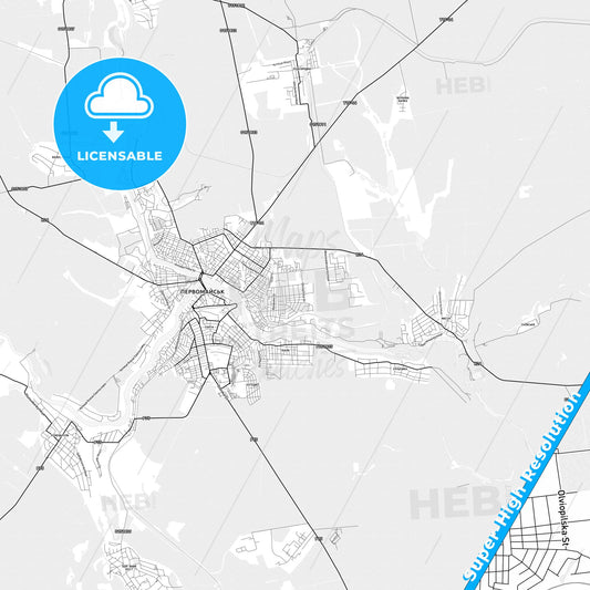 Pervomaisk, Ukraine light map with streetnames, citynames and districts