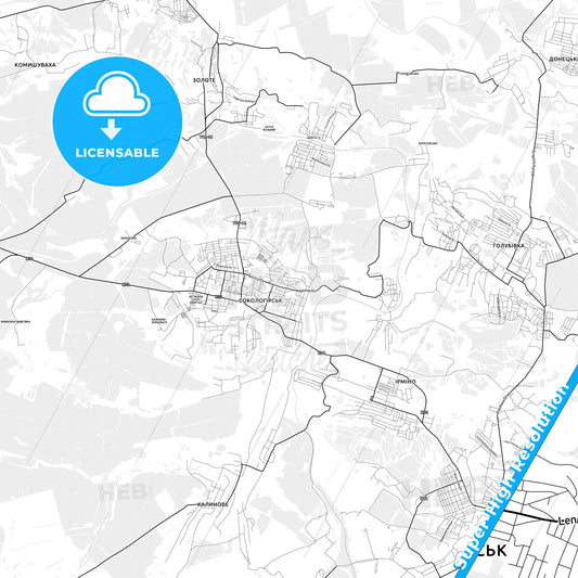 Pervomaisk, Ukraine light map with streetnames, citynames and districts