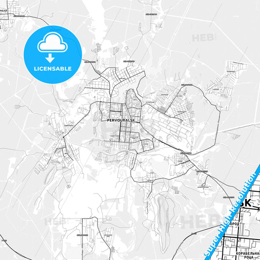 Pervouralsk, Russia light map with streetnames, citynames and districts