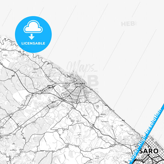 Pesaro, Italy light map with streetnames, citynames and districts