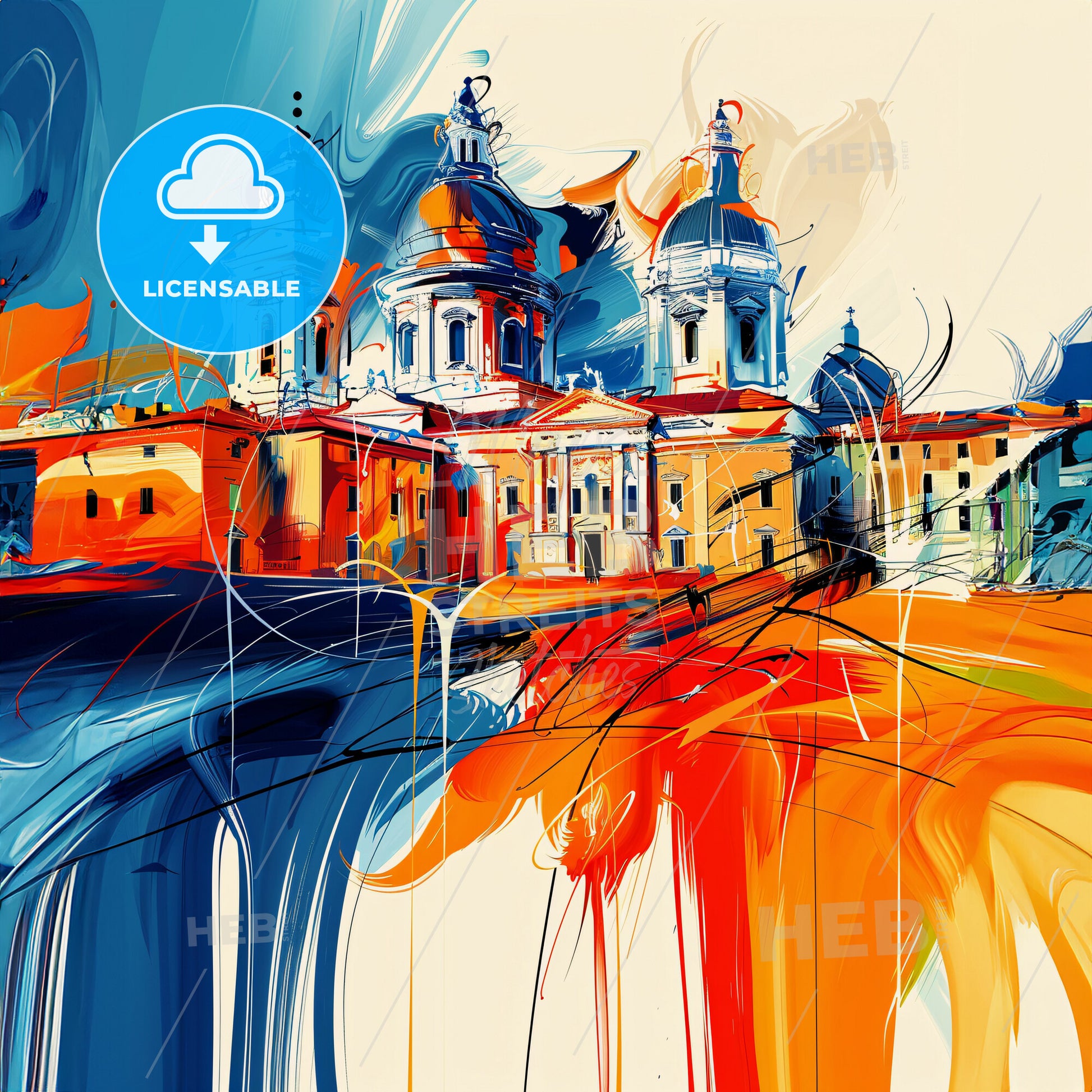 Vibrant Pesaro, Italy - A Painting Of A Building With A Waterfall